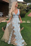 2024 V Neck Prom Dresses A Line Tulle With Applique PXTDH8ZK