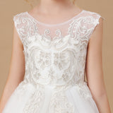 Ivory Sleeveless Applique Sweep trailing Multi-Layer Tulle Flower Girl Dresses