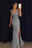 Formal Charming Sheath Long Sparkly Beading Gray Evening Dresses PPFJ6FTL