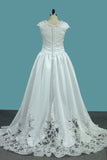 2024 Scoop Cap Sleeve Wedding Dresses A Line Satin With Ruffles And P17FS4Y2