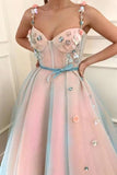 Stunning Applique A-Line Spaghetti Straps Tulle Sweetheart Prom Dresses with Belt STI15434