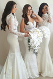 Long Sleeve Mermaid High Neck Ivory Bridesmaid Dress with Lace,Wedding Party STI20486