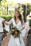 V Neck Beach Wedding Dress With Long Sleeves Unique Lace PLXCEDCY