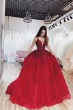 Burgundy Ball Gown V neck Spaghetti Straps Tulle Prom Dresses with Appliques STI15083