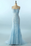 Mermaid Blue Long Prom Dress Backless Evening Dress