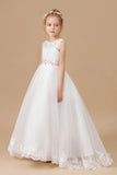 Floor-length Sleevelesss Lace Tulle Satin Flower Girl Dresses With Pink Bowknot Sash