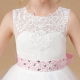 Floor-length Sleevelesss Lace Tulle Satin Flower Girl Dresses With Pink Bowknot Sash