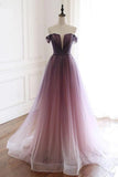 A Line Off the Shoulder Tulle Long Prom Dresses, Lace up Simple Party Dresses STI15008