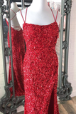 Mermaid Glitter Sequins Sexy Red Backless Long Prom Dress