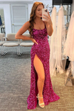 Mermaid Glitter Sequins Sexy Red Backless Long Prom Dress