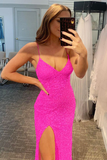 Sevy Glitter Hot Pink Long Backless Prom Dress