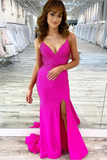 V-neck Sexy Halter Hot Pink Long Prom Dress