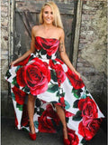 A Line Strapless High Low Red Rose Floral Satin Prom Dresses, Long Evening Dress STI15556