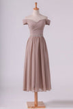 2024 Off The Shoulder Bridesmaid Dresses A-Line Tea Length PGKP3YL6