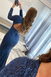 Mermaid Glitter Navy Sequins Mesh Evening Dress Backless Prom Dress