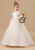 Floor-length Long Sleeves Lace Tulle Satin Flower Girl Dresses