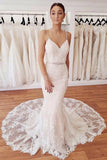 Elegant Spaghetti Straps Mermaid V Neck Lace Wedding Dresses Beach Bridal Dresses STI15202