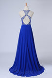 2024 Halter A-Line/Princess Dark Royal Blue Prom Dresses Tulle And Chiffon Sweep P348MBJB