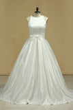 2024 Open Back Scoop A Line Wedding Dresses Satin PDBAJZ62