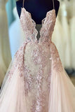 Spaghetti Straps Beads Appliques Deep V Neck Pink Prom Dresses with Detachable Train STI15408