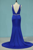 2024 Prom Dresses Mermaid V Neck Spandex With Beading PS4LPQZL