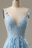 Light Blue Prom Dress Spaghetti Straps Long Evening Dress