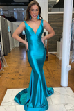 Mermaid Glitter Cyan Satin Backless Prom Dress