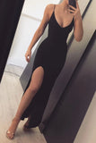 Sexy Black Mermaid Prom Dresses Long with Leg Slit, Spaghetti Straps Evening Dresses STI15330