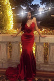 Chic Red Spaghetti Straps Mermaid V Neck Prom Dresses with Appliques, Formal Dresses STI15571