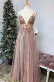 A Line Tulle V Neck Applqiues Prom Dresses With Slit, Spaghetti Straps Long Formal Dresses STI15037