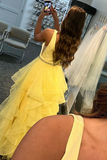 A-line Tiered Ruffles Light Yellow Tulle Prom Dress