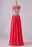 2024 Open Back V Neck Prom Dresses Beaded Bodice Chiffon Floor PJCBC753