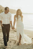 Charming Sheath Lace Bridal Gown with Slit Open Back Ivory Boho Wedding Dresses STI15124