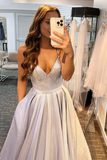 Sevy Glitter V Neck Spaghetti Straps Long Prom Dress