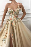 A Line One Shoulder V Neck 3D Flowers Prom Dresses, Tulle Sleeveless Evening Dresses STI15009