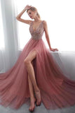 Beading V Neck High Split Tulle Sweep Train Sleeveless Evening Gown P1GPP6HS