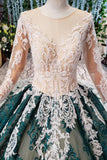 Green Long Sleeves Ball Gown Lace Prom Dress With Appliques Long PN4CDXE6