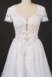 A-line Short Sleeves Beads V Neck Lace Applique Wedding Dresses, Bridal Dress STI15051