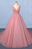 Ball Gown V Neck Tulle Prom Dress with Beads, Puffy Pink Sleeveless Quinceanera Dresses STI15074