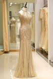 Vintage Mermaid Prom Dress Gold Tulle Long Evening Dress