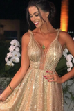 Gold V Neck Sequins Formal Dresses A Line Sleeveless Sparkly Sweep Train Prom STIPST6TC5H