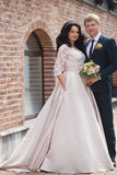 A-Line Lace 3/4 Sleeve Pockets Scoop Satin Button Floor-Length Wedding Dress