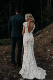 Charming Mermaid Lace Ivory Cap Sleeves Wedding Dresses, Bridal Dresses STI15569