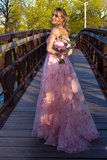 Sexy Spaghetti Straps Pink Tulle Long Prom Dress With Appliques