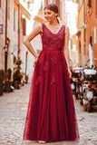 Elegant V Neck Burgundy Beads Appliques Lace Evening Dresses, Long Prom Dresses STI15211