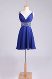 2024 Homecoming Dresses Straps A-Line Short/Mini Chiffon With Beads And Ruffles Dark Royal PEPQ38MB