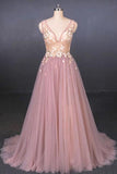 V Neck Sleeveless Tulle Prom Dress With Appliques A Line Tulle P3S14Q15