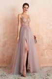 A-Line V-Neck Pink Tulle Prom Dress Side Split Backless Evening Dress