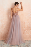 A-Line V-Neck Pink Tulle Prom Dress Side Split Backless Evening Dress