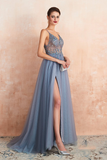 A-Line V-Neck Pink Tulle Prom Dress Side Split Backless Evening Dress